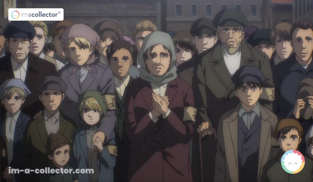 Des Eldiens vivant dans un camp d’internement de Mahr dans l’anime Attack on Titan.
