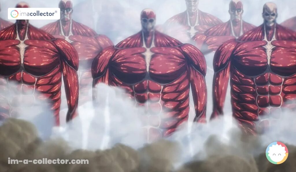 Les Titans des Murs avancent lors du Grand Terrassement dans l’anime Attack on Titan.