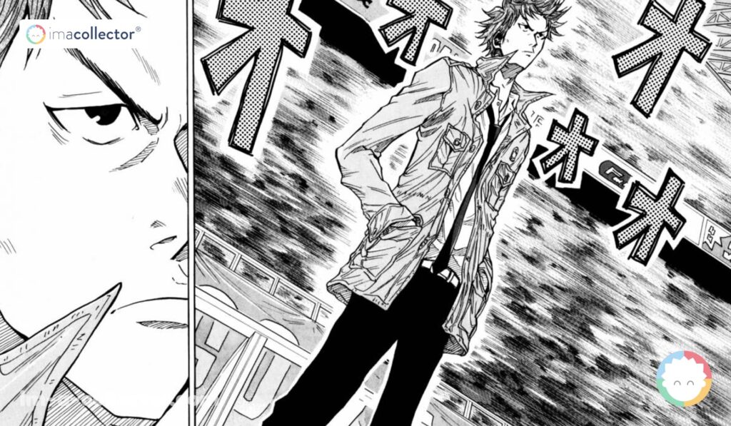Planche du manga Giant Killing mettant en avant Takeshi Tatsumi, entraîneur et personnage central de l’histoire.