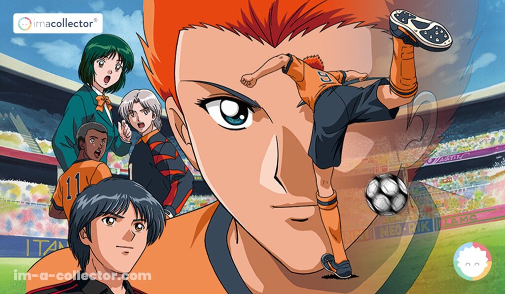 Kyōsuke Kanō et plusieurs personnages de Hungry Heart: Wild Striker réunis autour d’une scène de football dans un stade.