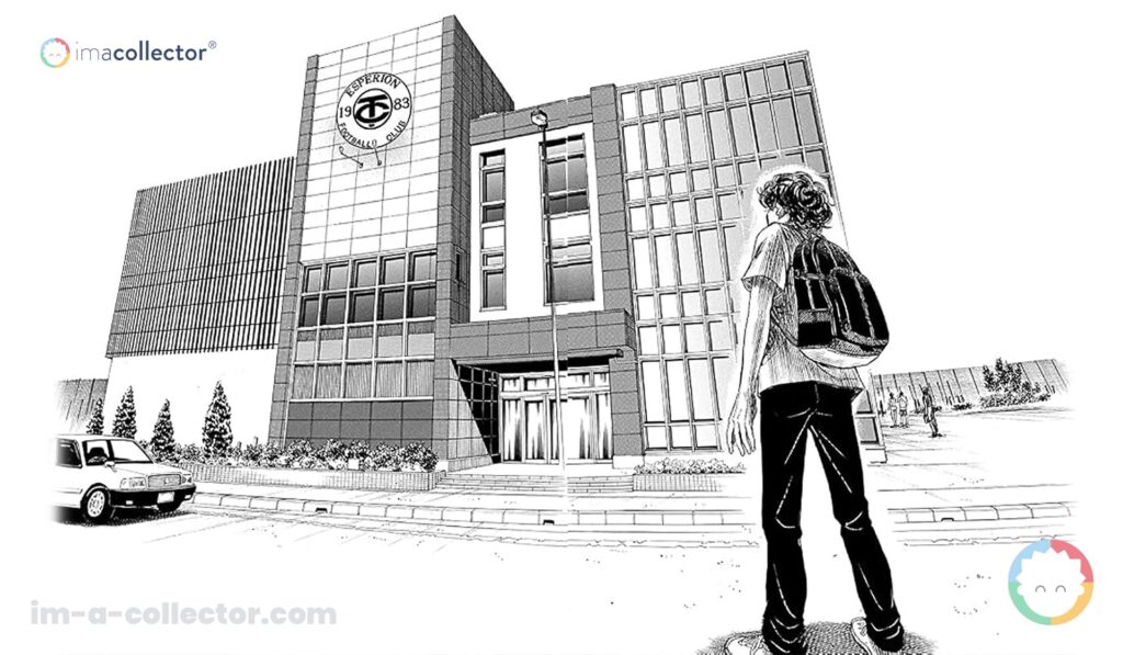 Ashito Aoi découvrant pour la première fois l’académie Esperion dans un visuel issu du volume 1 de Ao Ashi.