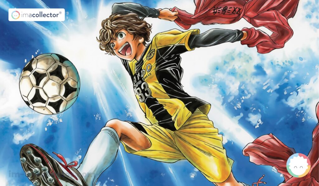 Couverture du volume 3 de Ao Ashi montrant Ashito Aoi en plein saut, balle au pied.