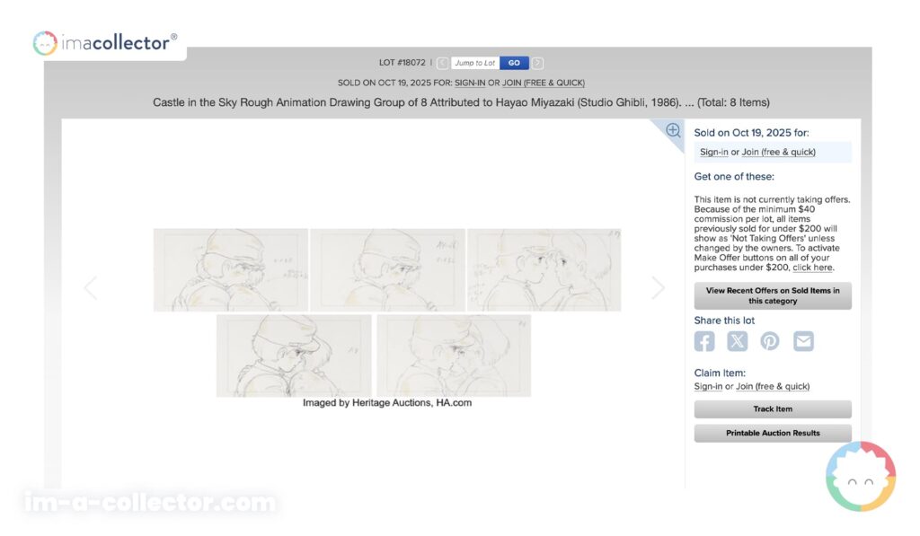 Capture d’écran d’une fiche Heritage Auctions pour huit roughs de Castle in the Sky, attribués à Hayao Miyazaki.