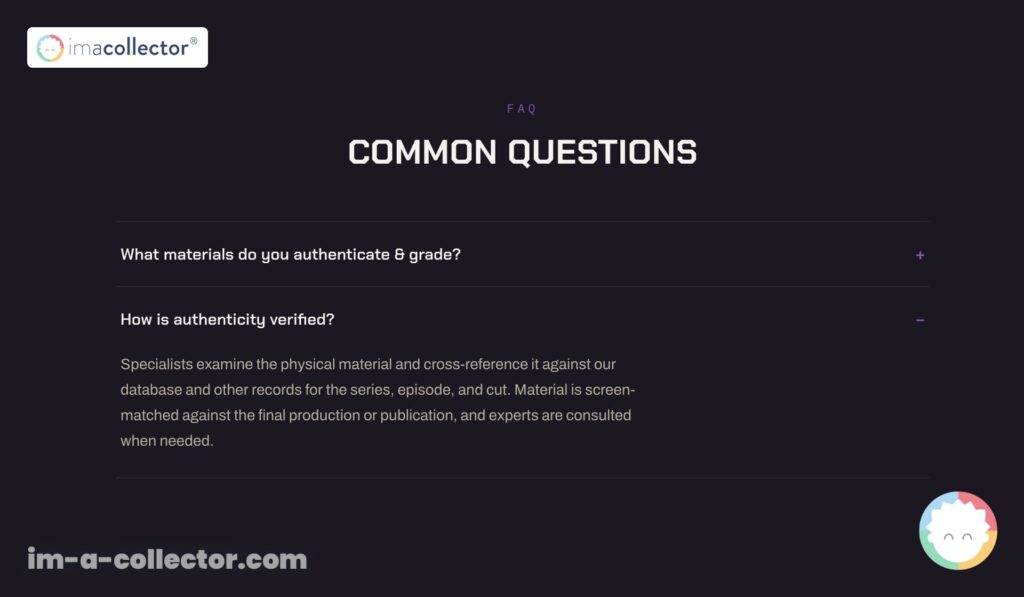 FAQ de Collectible Eternity Labs (CEL) expliquant son processus d’authentification sans identifier les spécialistes ou experts consultés.