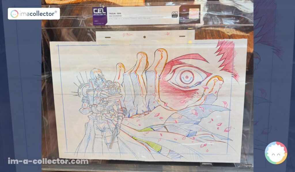Dessin de production de Trigun (1998) représentant Vash the Stampede, encapsulé dans une pochette de grading Collectible Eternity Labs (CEL) noté B+.