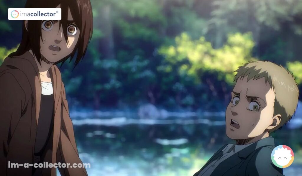 Gaby Braun et Falco Grice surpris par l’arrivée de Kaya après leur fuite dans Attack on Titan: The Final Season.
