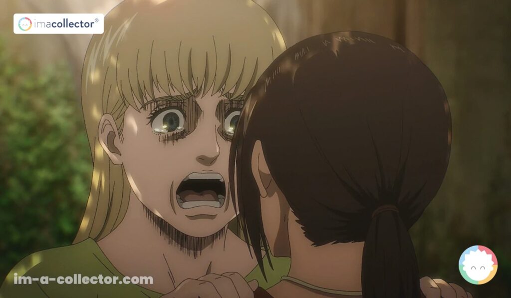 Kaya en pleurs face à Gaby Braun dans les ruines de son village, dans Attack on Titan: The Final Season.