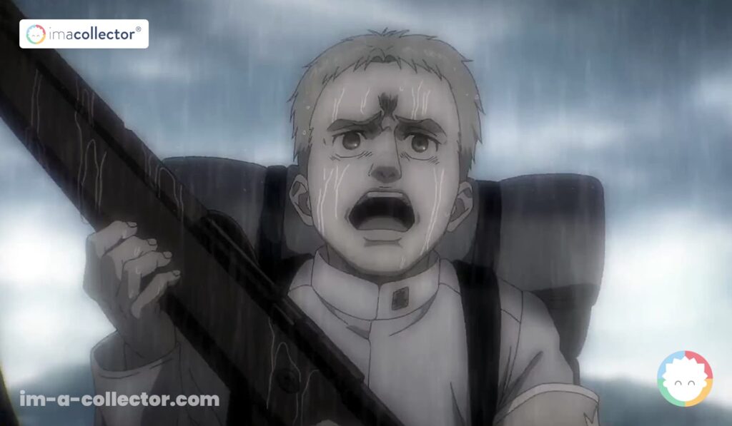 Reiner Braun enfant s’entraînant sous la pluie comme candidat Guerrier dans Attack on Titan: The Final Season.