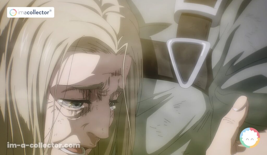 Karina Braun serre son fils Reiner dans ses bras en pleurant dans l’épisode final d’Attack on Titan.