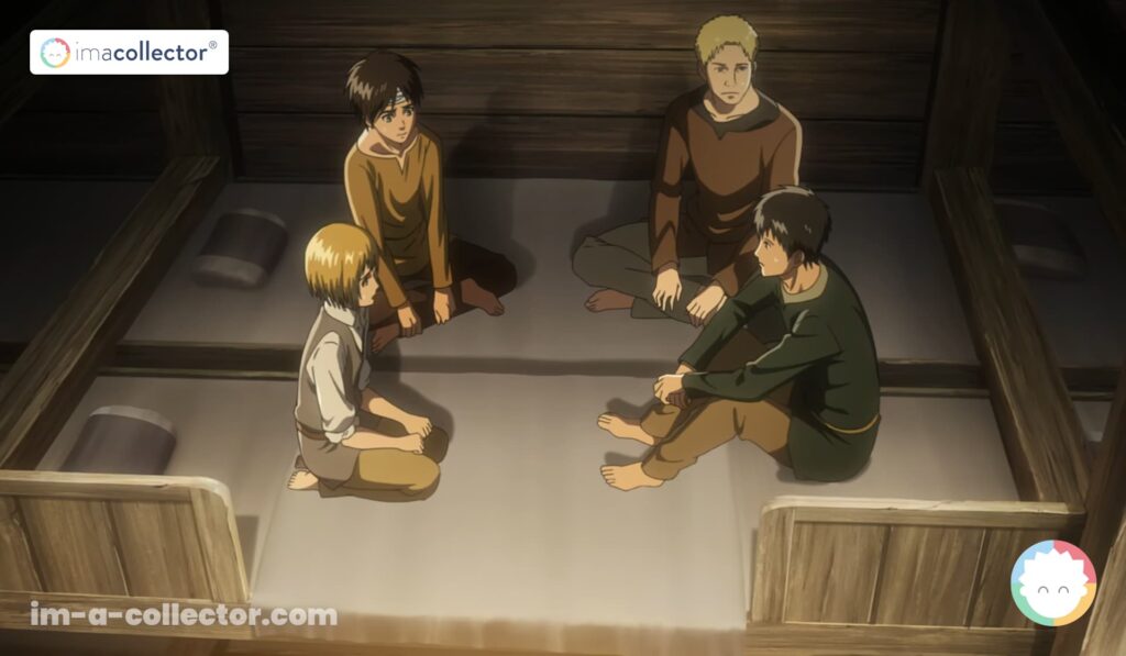 Eren Jäger, Armin Arlelt, Bertholdt Hoover et Reiner Braun discutent durant leur formation au sein de la 104e brigade d’entraînement.