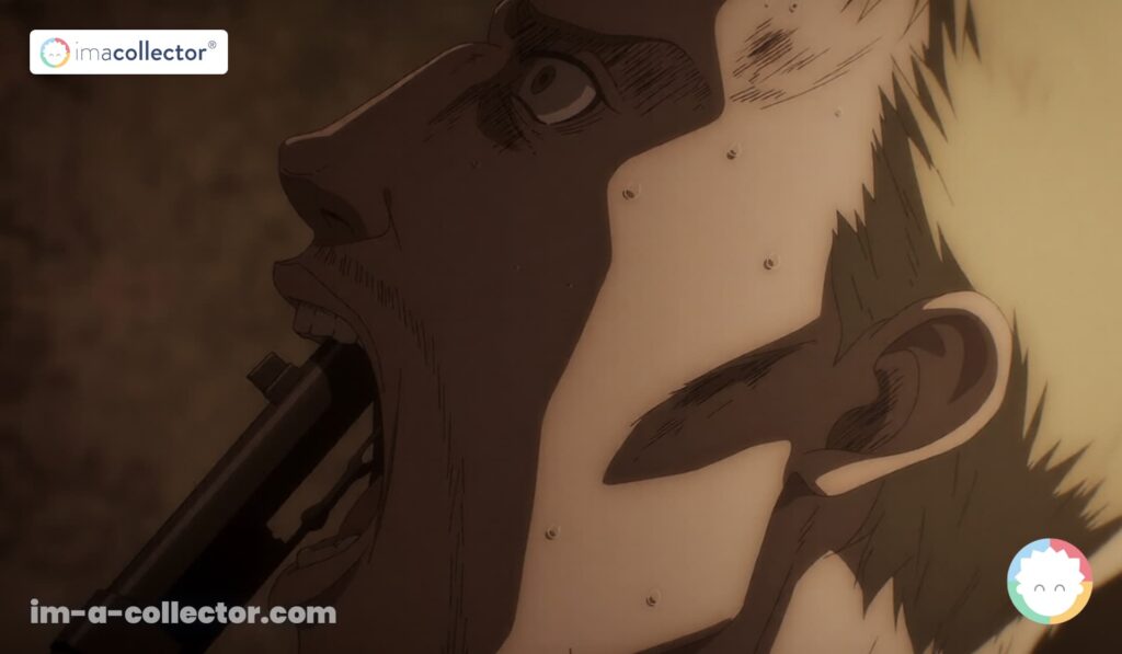 Reiner Braun, désespéré, un fusil dans la bouche dans Attack on Titan: The Final Season, au bord du suicide.