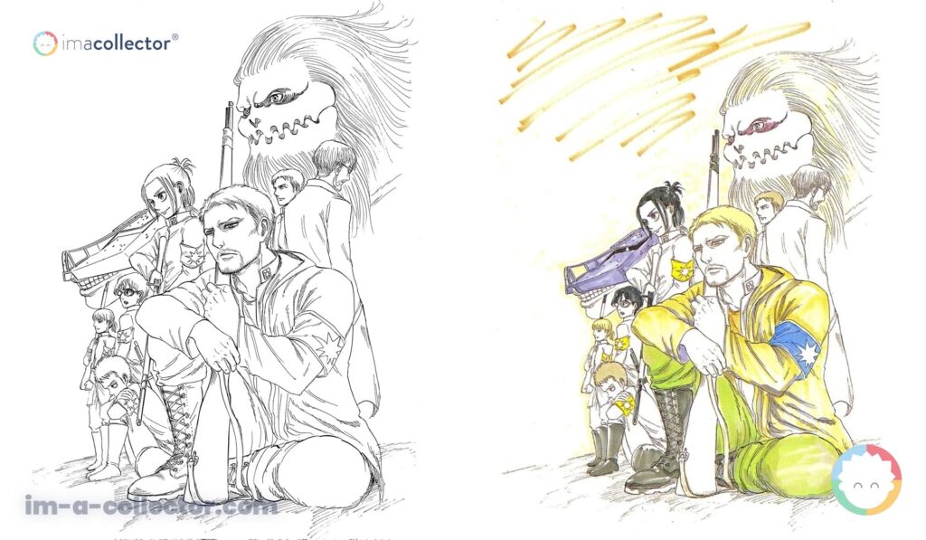 Précolorisation et color draft du volume 23 d’Attack on Titan montrant Reiner Braun et les Guerriers eldiens de Mahr.