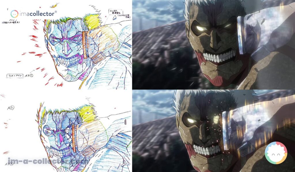 Deux genga et deux screenshots du combat entre Eren Jäger et Reiner Braun dans la saison 3 d’Attack on Titan.