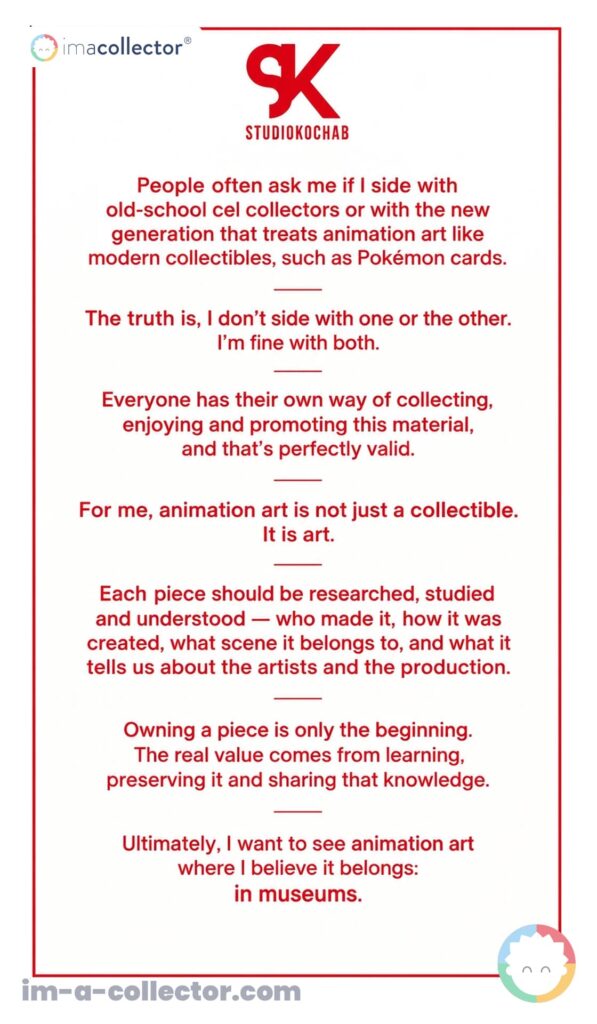 Story Instagram de Studio Kochab sur les anciens et nouveaux collectionneurs d’animation art et la transmission des connaissances.