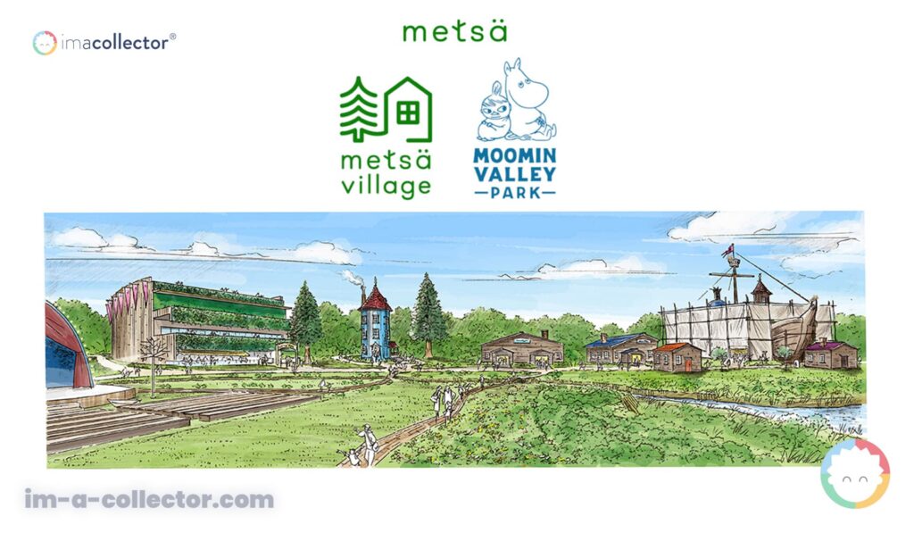 Illustration de Metsä Village et de Moominvalley Park à Hanno, au Japon, dans un environnement boisé et lacustre inspiré de l’univers des Moomins.