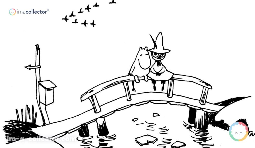 Snufkin et Moomintroll sur un pont dans un dessin original de Tove Jansson lié à l’univers des Moomins.