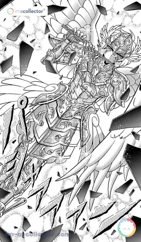 Sorrento de la Sirène revêtant son Arch Scale (真鱗衣) dans le tome 1 de Saint Seiya: Rerise of Poseidon.