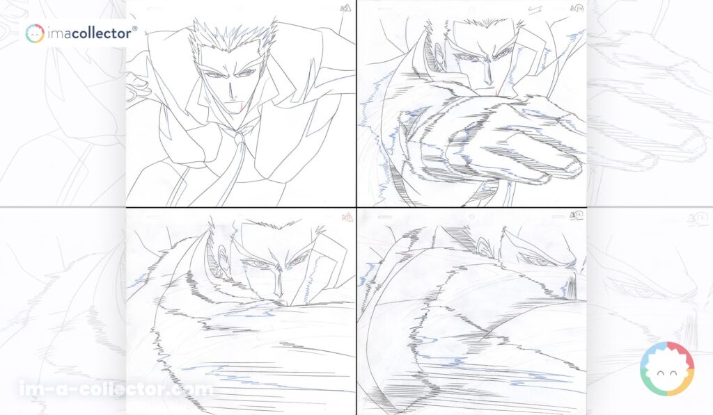 Ensemble de dougas de Bleach montrant Jin Kariya face à Ichigo, lot 142 de la vente Art Animation VII.